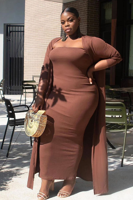 Satisfied Ribbed Maxi Dress Set - Brown ...